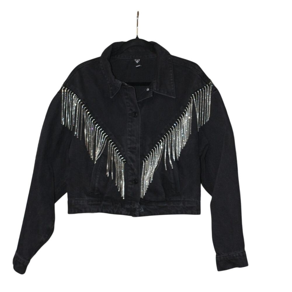 Black Denim Jacket with Rhinestone Tassels Winsor Size Large